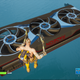 A screenshot from an AMD video card promotion in Fortnite featuring a large floating video card.